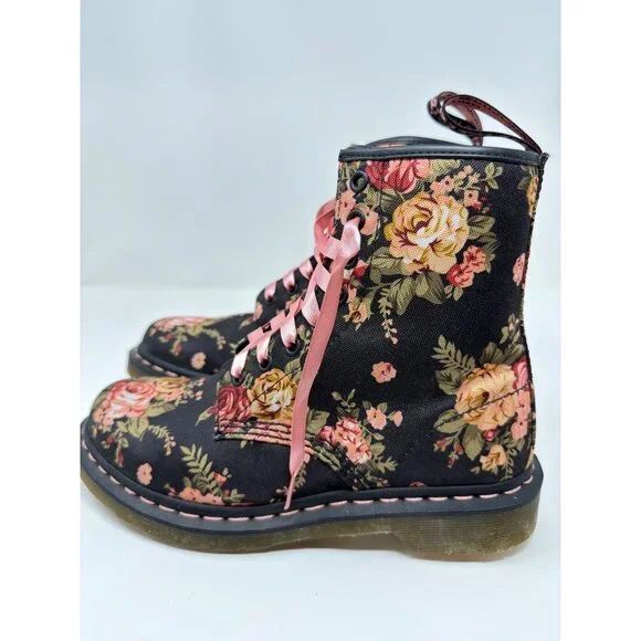 Dr. Martens Womens Black /Pink Floral Canvas Lace-Up Boots Size 8 US / 39 EU - Picture 4 of 9
